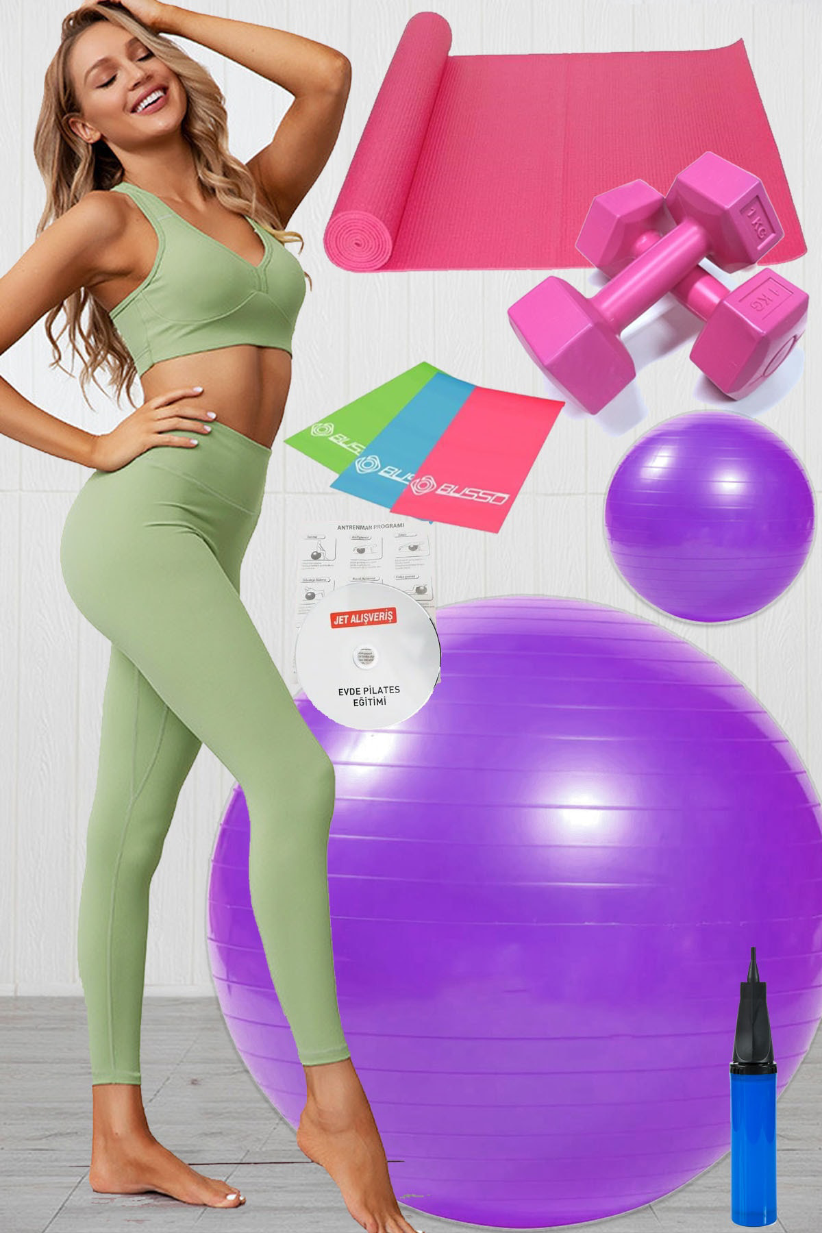 10 Lu Pilates Topu Seti Takımı 3 Lü Pilates Bandı Lastiği 1 Kg Da