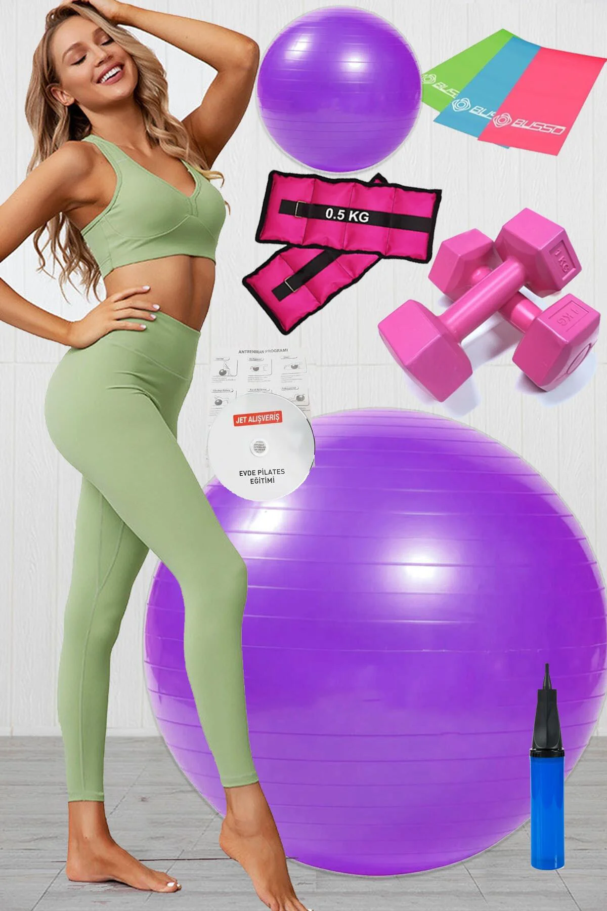 10 Lu Pilates Topu Seti Takımı 3 Lü Pilates Bandı Lastiği 1 Kg Da
