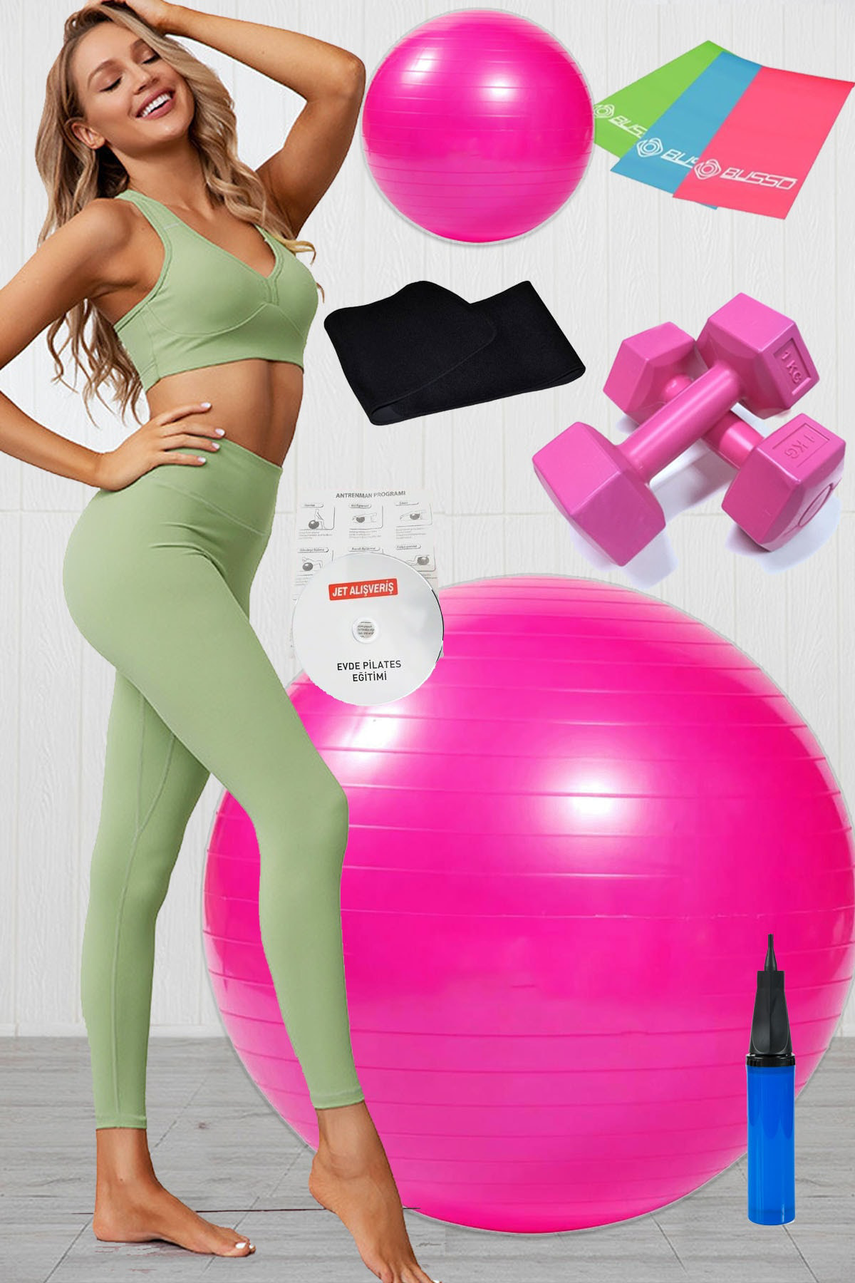 10 Lu Pilates Topu Seti Takımı 3 Lü Pilates Bandı Lastiği 1 Kg Da