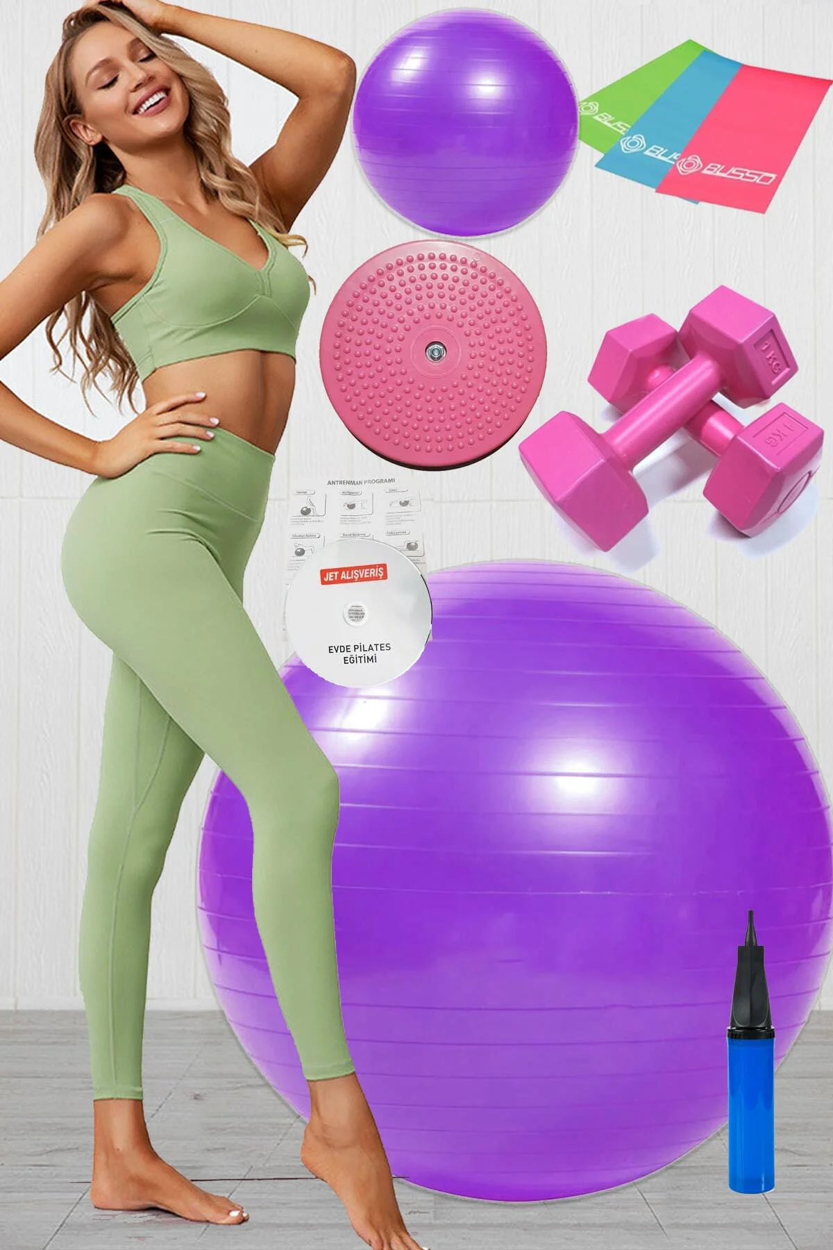 10 Lu Pilates Topu Seti Takımı 3 Lü Pilates Bandı Lastiği 1 Kg Da