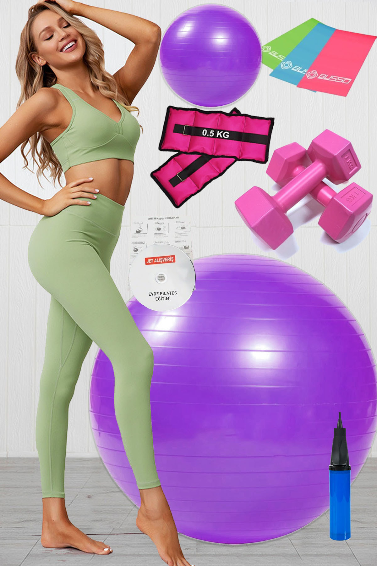 10 Lu Pilates Topu Seti Takımı 3 Lü Pilates Bandı Lastiği 1 Kg Da