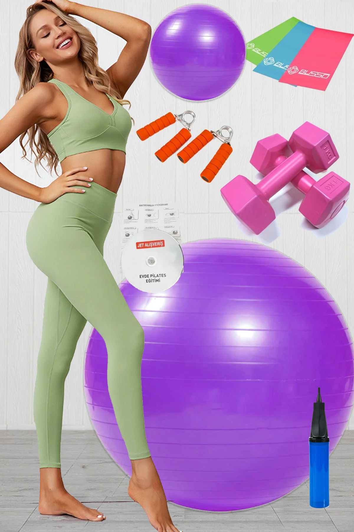 10 Lu Pilates Topu Seti Takımı 3 Lü Pilates Bandı Lastiği 1 Kg Da