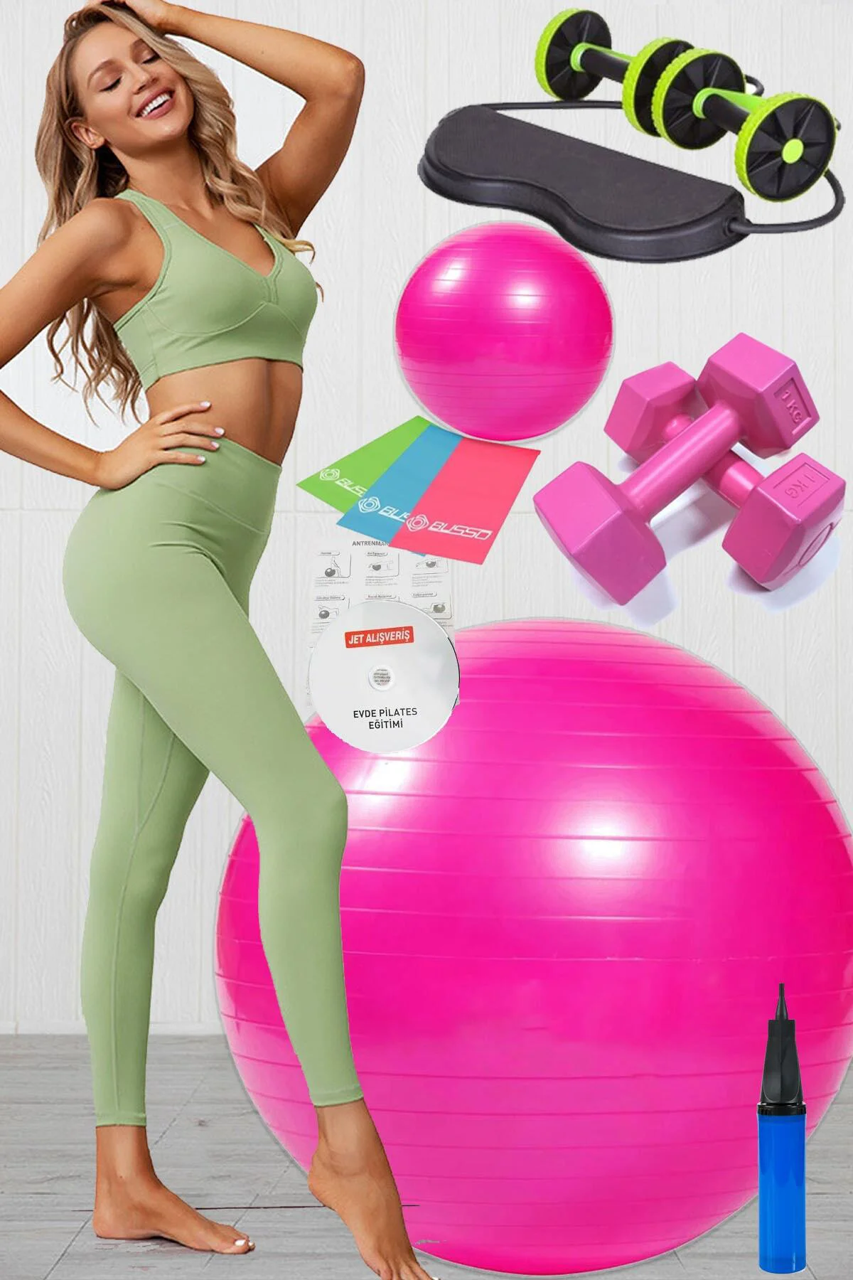 10 Lu Pilates Topu Seti Takımı 3 Lü Pilates Bandı Lastiği 1 Kg Da