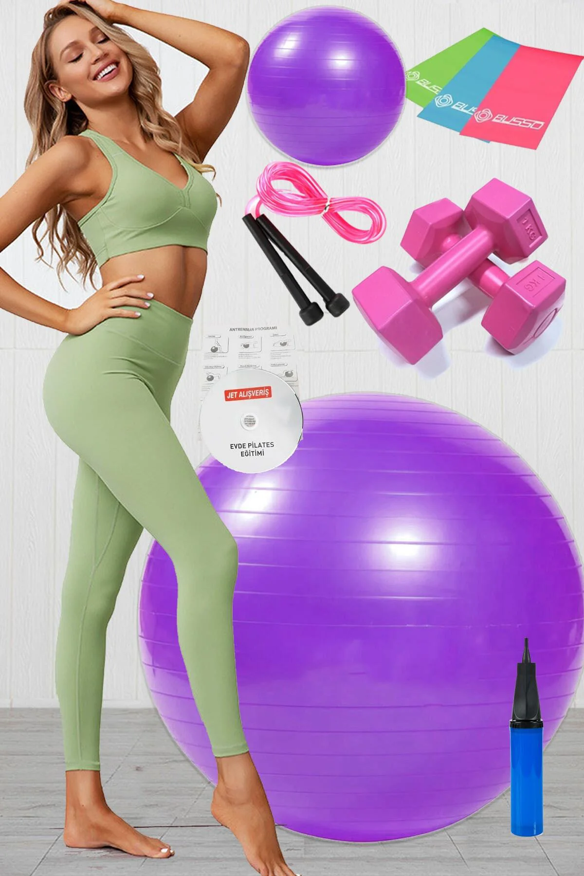 10 Lu Pilates Topu Seti Takımı 3 Lü Pilates Bandı Lastiği 1 Kg Da