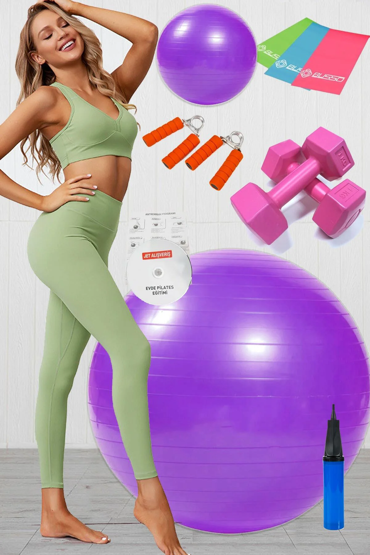 10 Lu Pilates Topu Seti Takımı 3 Lü Pilates Bandı Lastiği 1 Kg Da