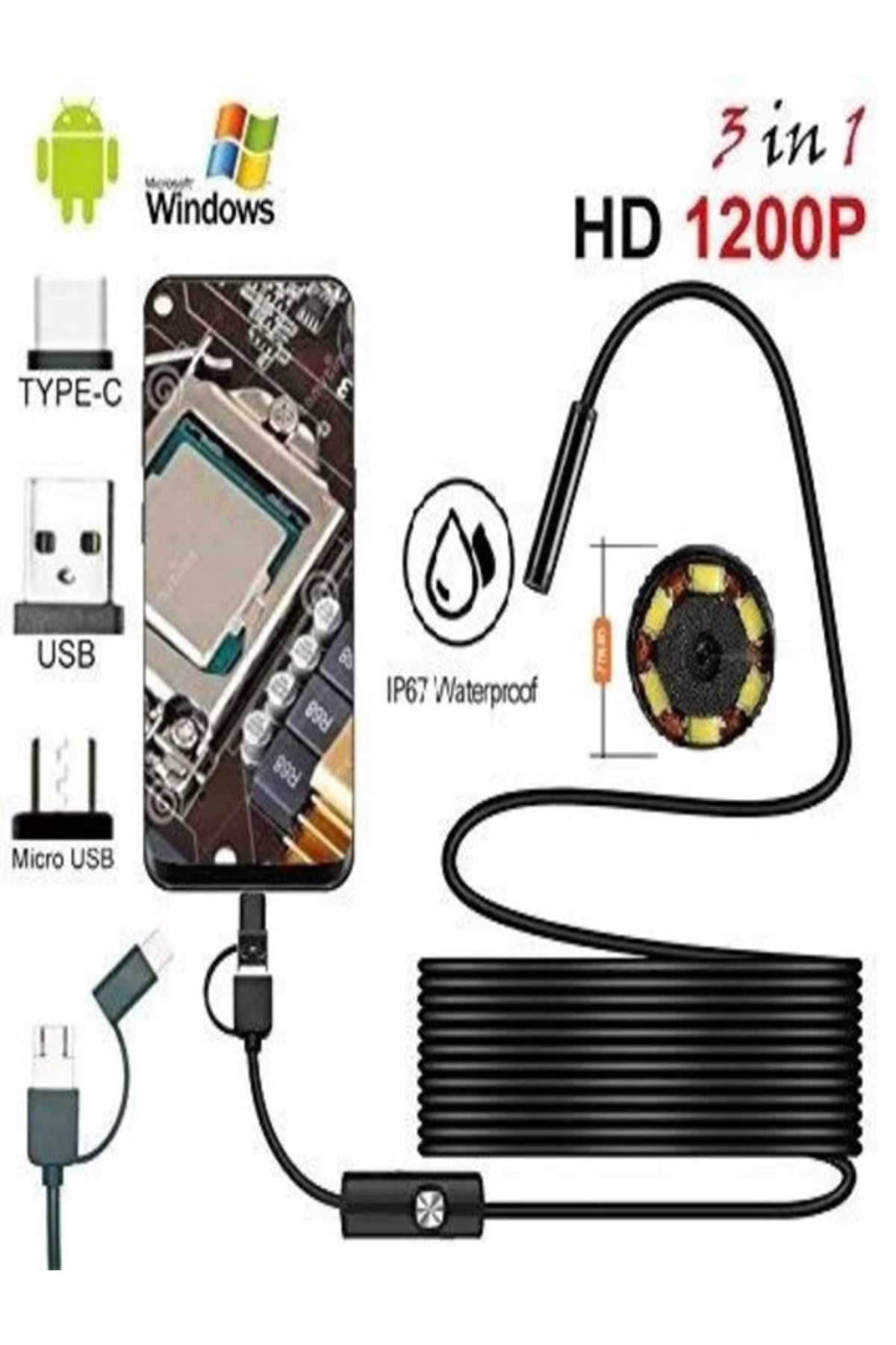 10 Metre Endoskop Yılan Kamera Sert Kablo Su Geçirmez Ledli