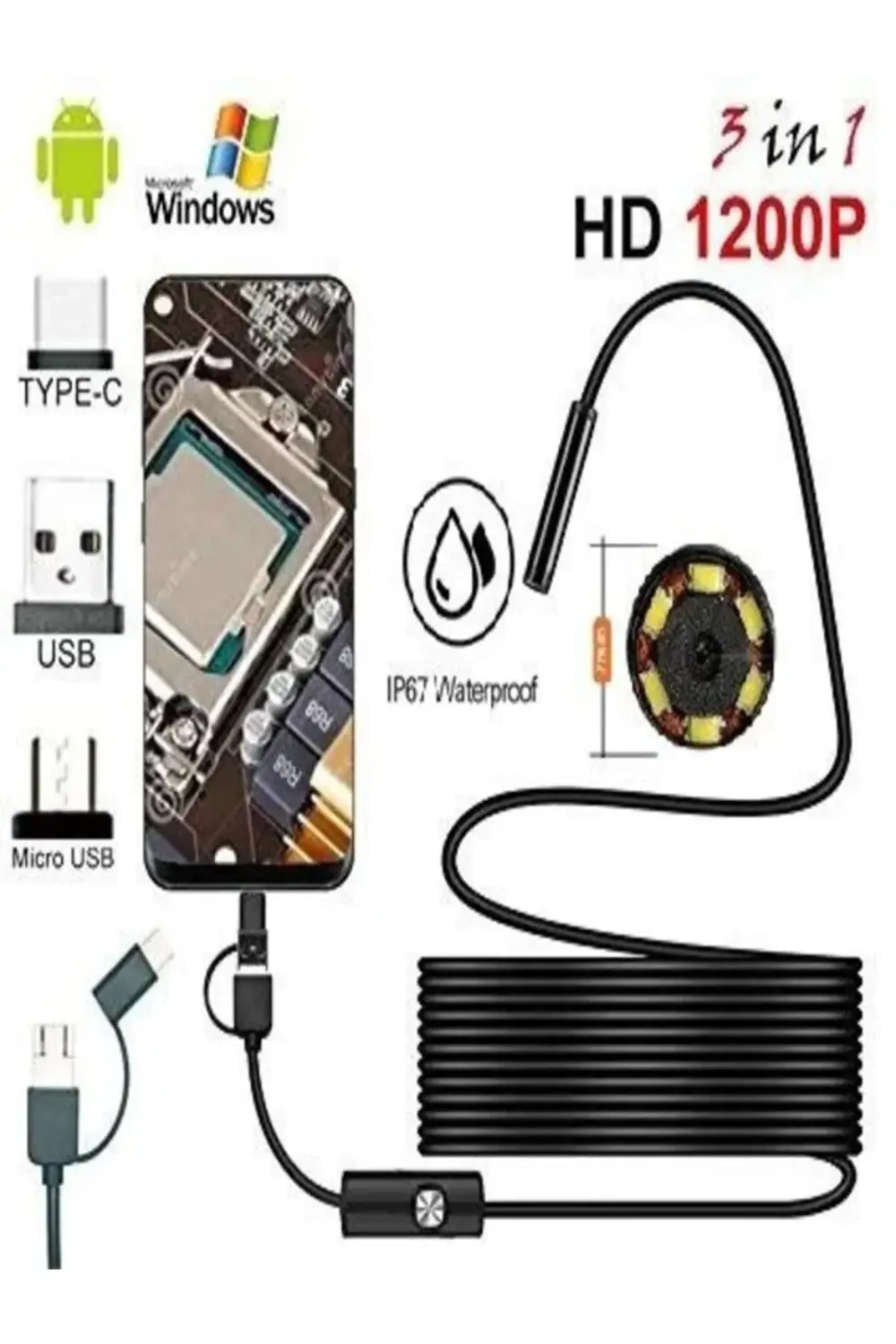 10 Metre Endoskop Yılan Kamera Sert Kablo Su Geçirmez Ledli