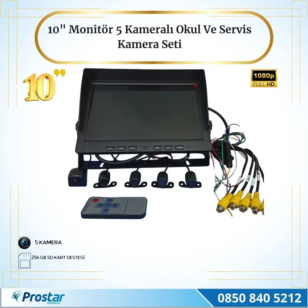 10" Monitör Beş Kameralı 720p Kayıtlı Servis ve Okul Taşıt Kamera
