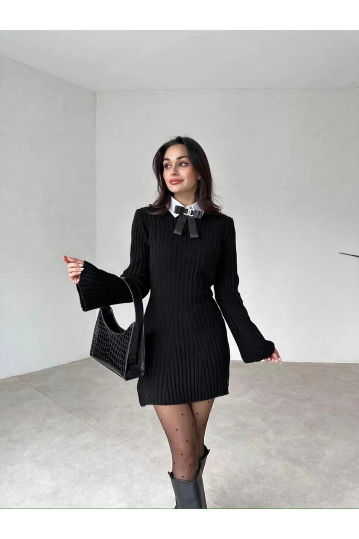 10 NUMARA MODA Kadın Antrasit Bisiklet Yaka Kloş Mini Fitilli Kış