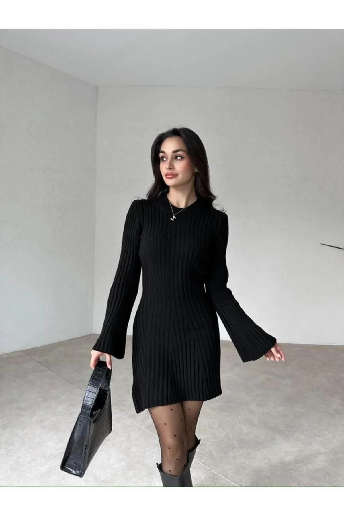 10 NUMARA MODA Kadın Antrasit Bisiklet Yaka Kloş Mini Fitilli Kış
