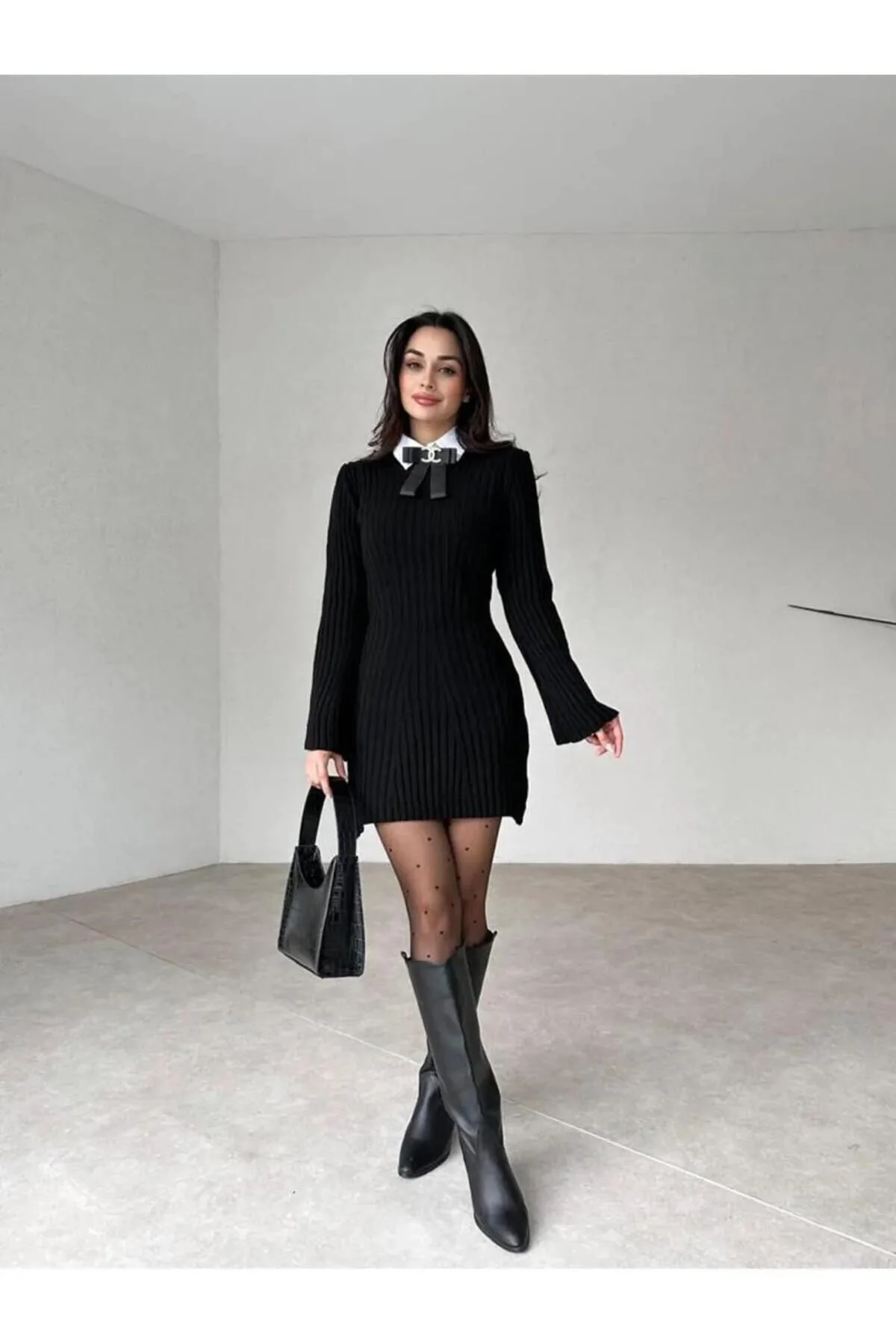 10 NUMARA MODA Kadın Antrasit Bisiklet Yaka Kloş Mini Fitilli Kış