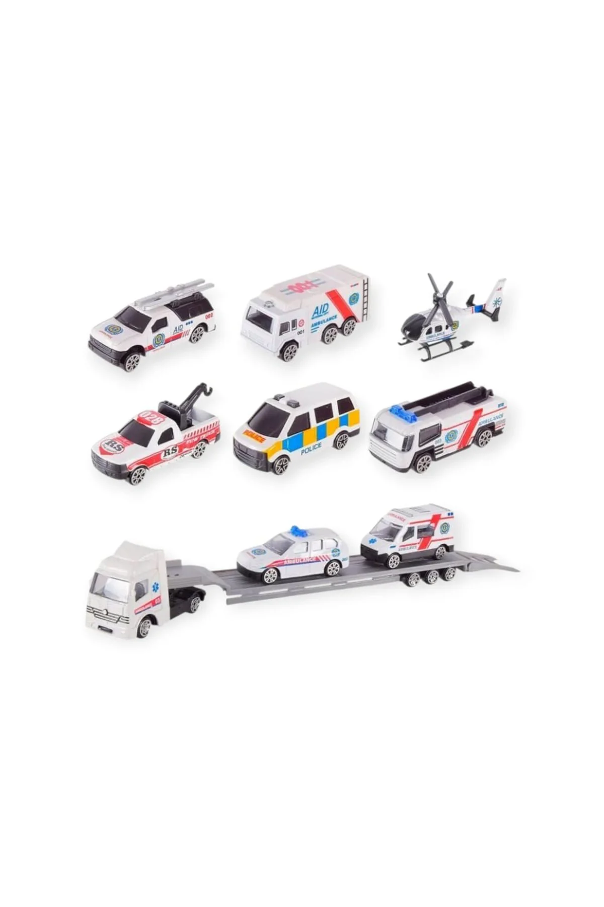 10 Parça Araç Taşıyan Tır Seti - Die Cast - DS047 - Ambulans (Lis