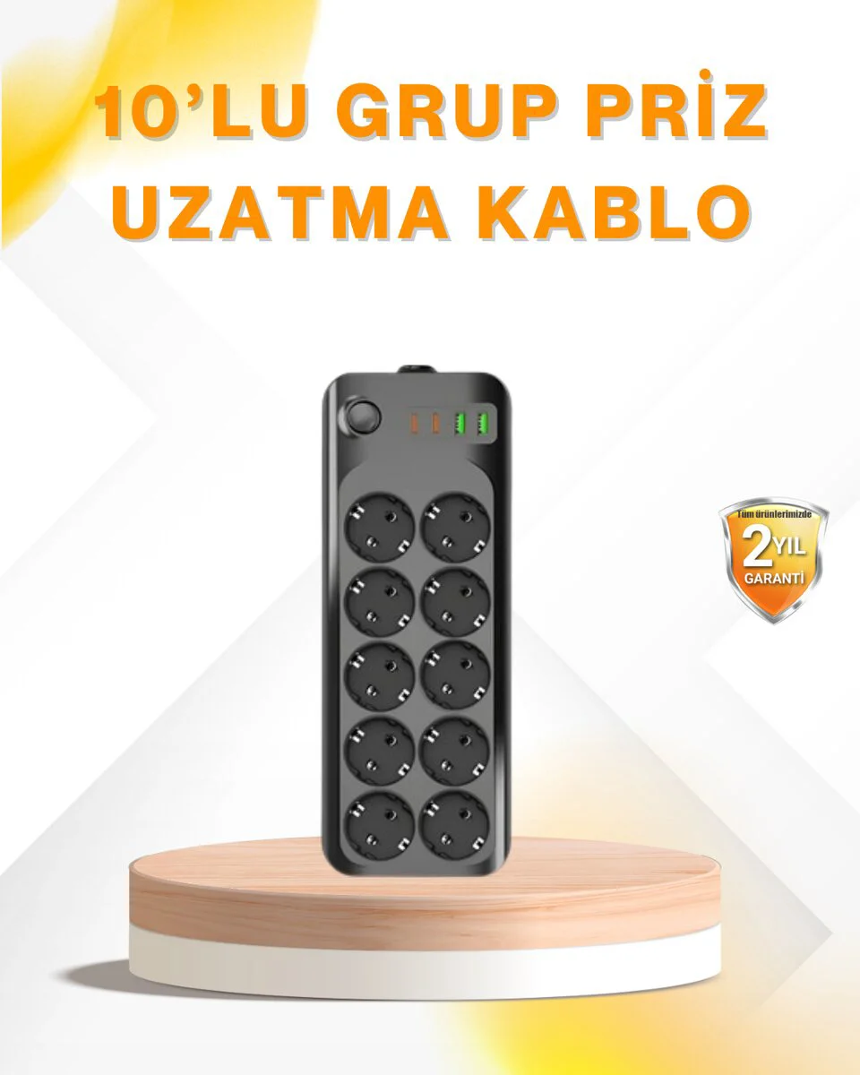 10 Prizli Termal Korumalı 2500W Uzatma Kablosu ve USB Type-C Şarj Cihazı