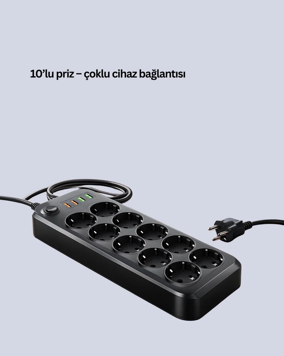 10 Prizli Termal Korumalı 2500W Uzatma Kablosu ve USB Type-C Şarj Cihazı
