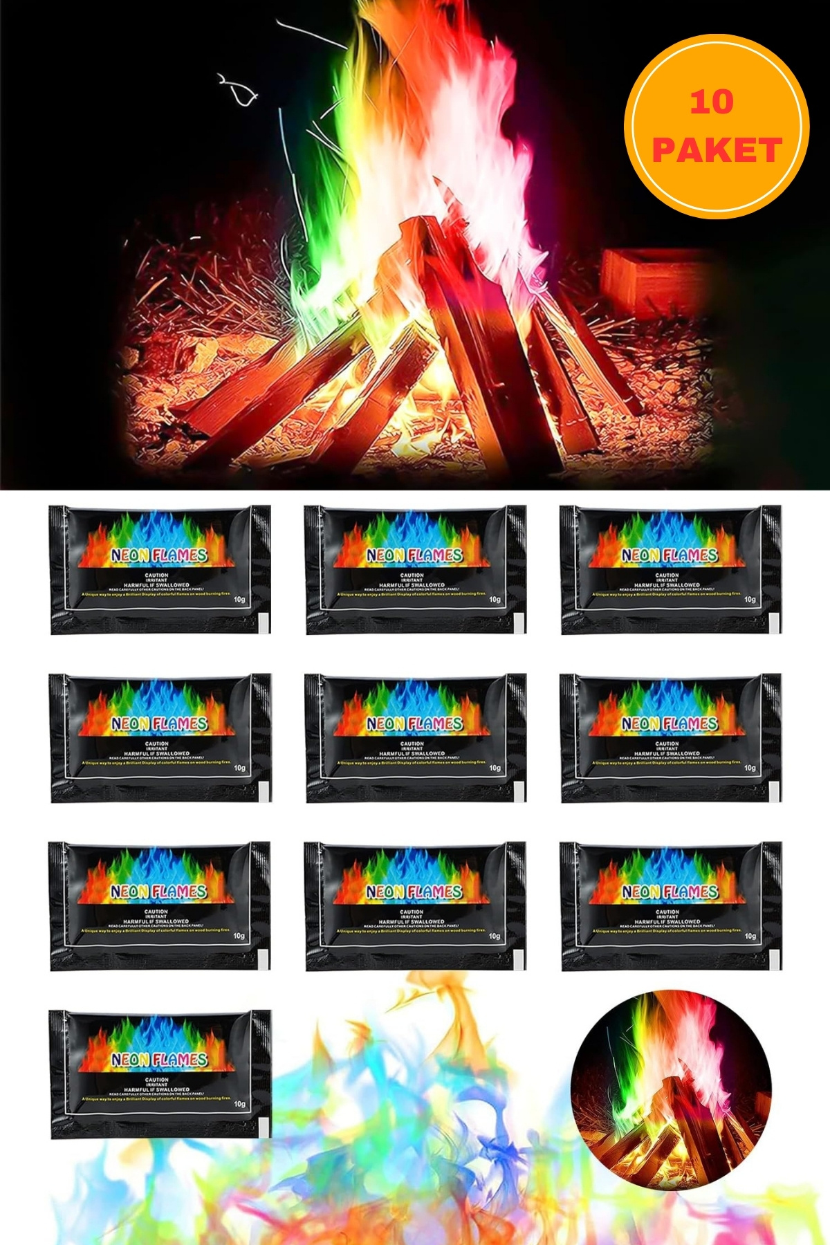 10 x 15 Gr Ateş Tozu Kamp Mangal Ateşi Renklendirici Eğlenceli Ak
