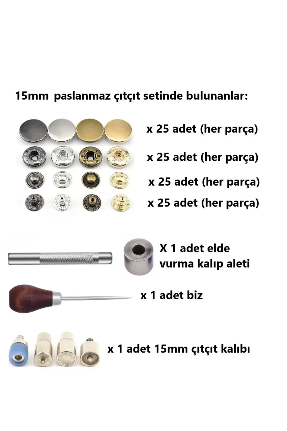 Gigi Panda 100 Adet 15Mm Paslanmaz Alfa Çıtçıt Yapım Seti - Aparatlar, Biz V