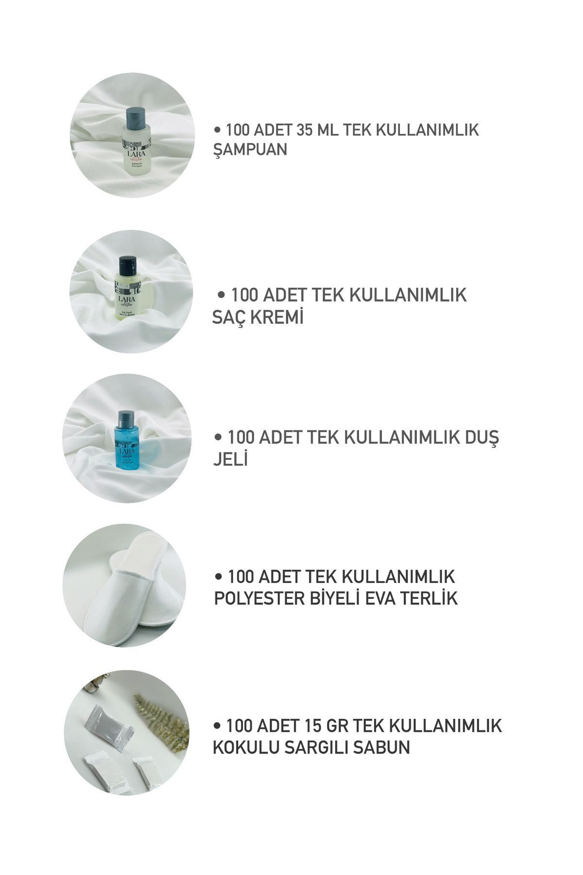 Lara Buklet 100 Adet 5Li Set Sabun Şampuan Saç Kremi Duş Jeli Biyeli Eva Terl
