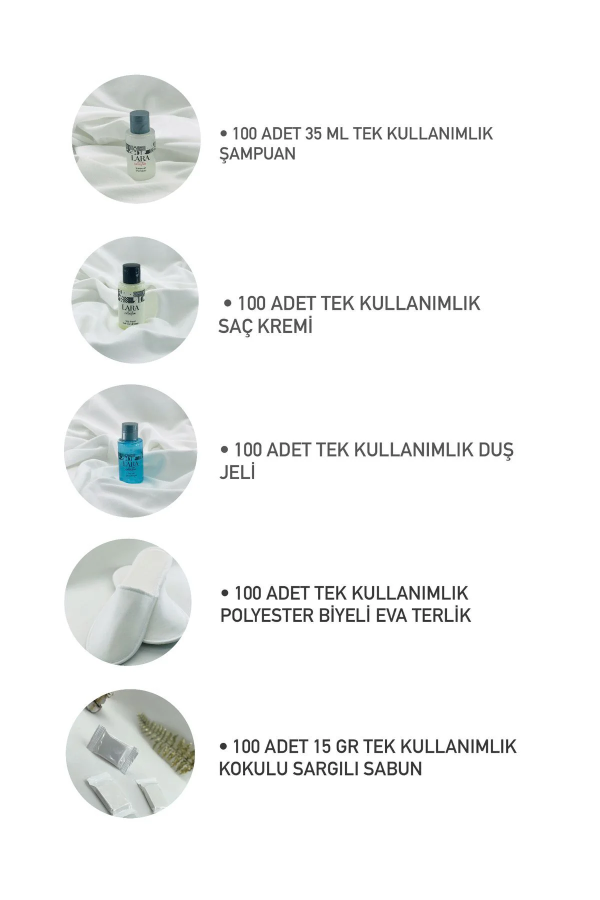 100 Adet 5li Set Sabun Şampuan Saç Kremi Duş Jeli Biyeli Eva Terl