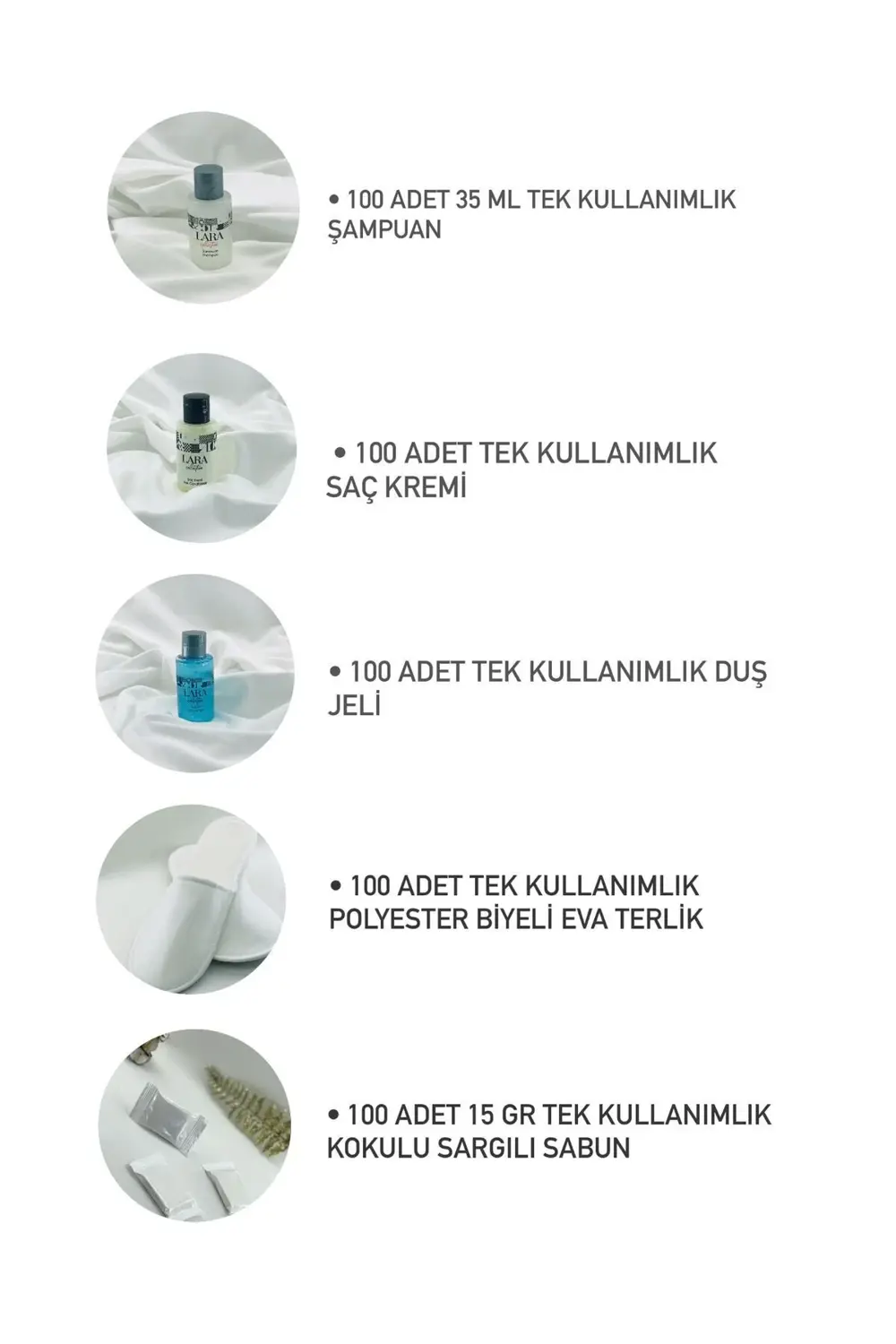 100 Adet 5li Set Sabun Şampuan Saç Kremi Duş Jeli Biyeli Eva Terl