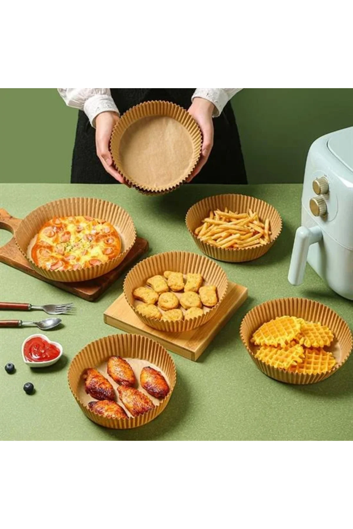 100 Adet Air Fryer Pişirme Kağıdı Tek Kullanımlık Yağlı Kağıdı Yuvarlak Tabak Model