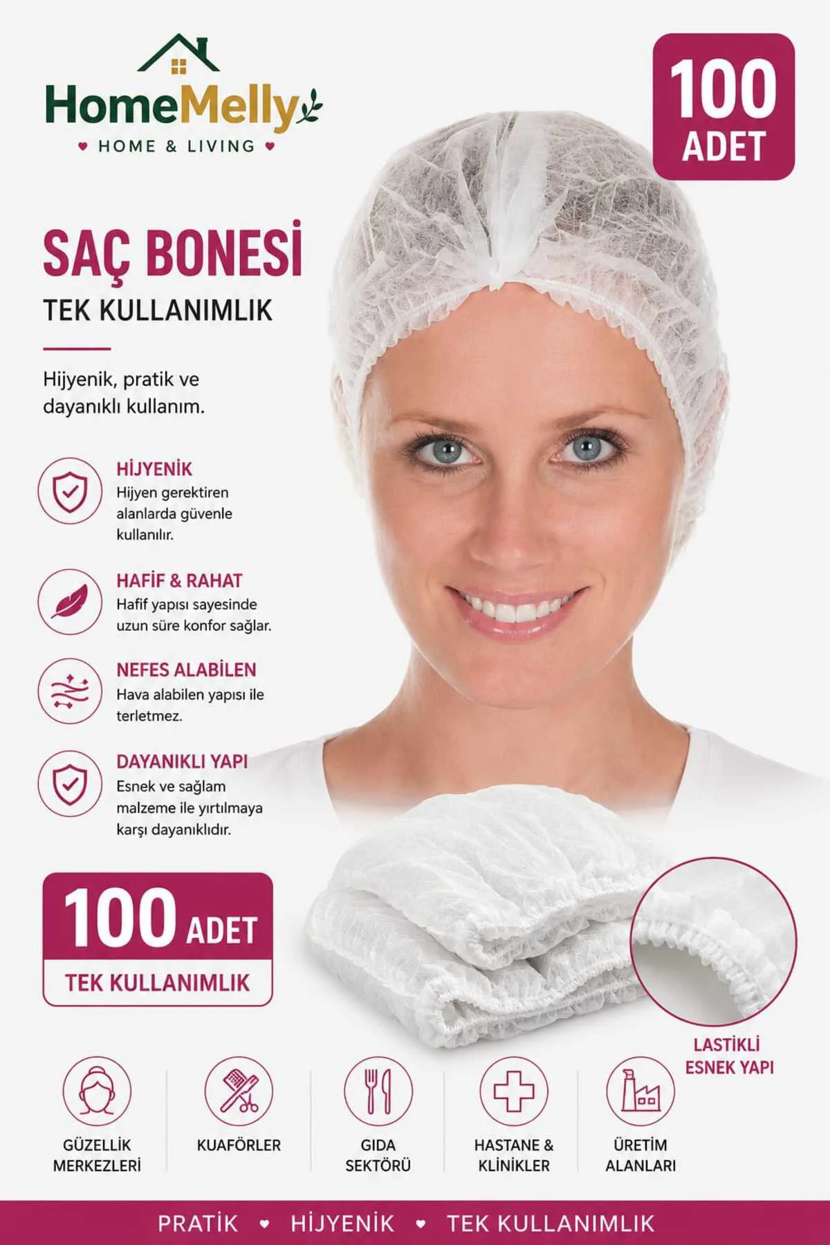 100 Adet Beyaz Renkli Tek Kullanımlık Cerrahi Bone Aşçı Şef Bonesi