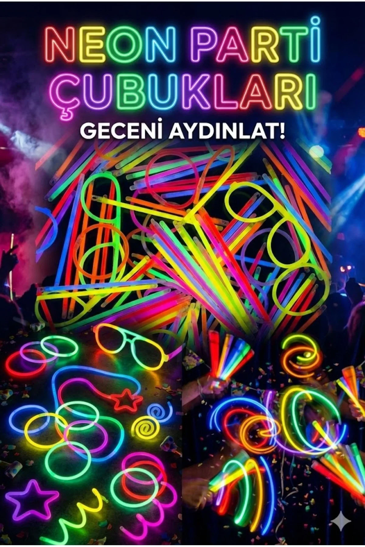 100 Adet Fosforlu Glow Stick Parti Seti | Bileklik, Kolye ve Eğlenceli Işık Çubukları 100 Adet Fosforlu Glow Stick Parti Seti | Bileklik, Kolye ve Eğlenceli Işık Çubukları