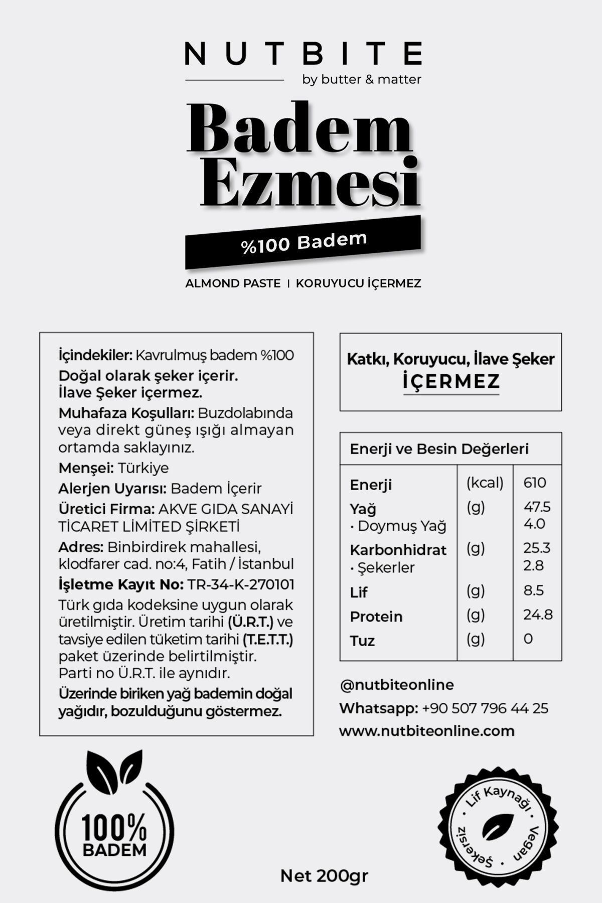 %100 Badem Ezmesi - Şeker İlavesiz - 200gr - Katkısız Koruyucusuz