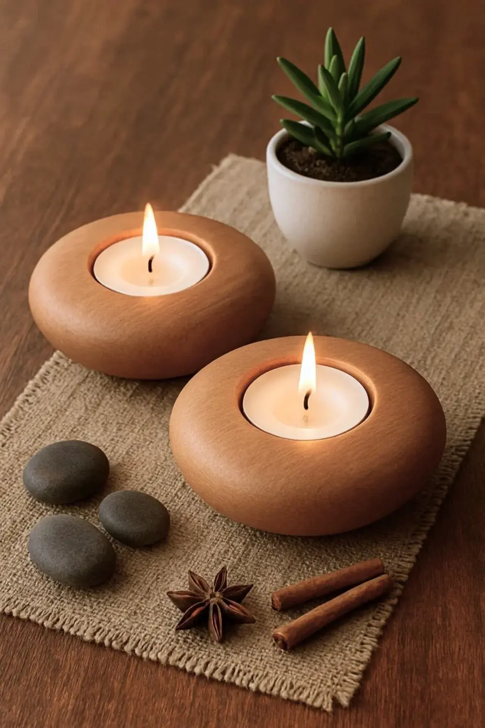 %100 Doğal Ahşap Mumluk | 2’li Set | El Yapımı, Dekoratif, Şık Ve