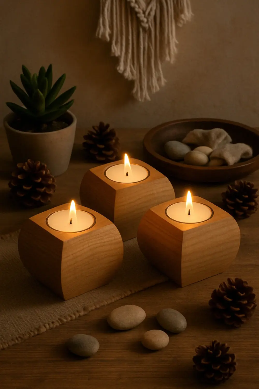 %100 Doğal Ahşap Mumluk | 3'lü Set | Dekoratif, Şık Ve Minimal Ta