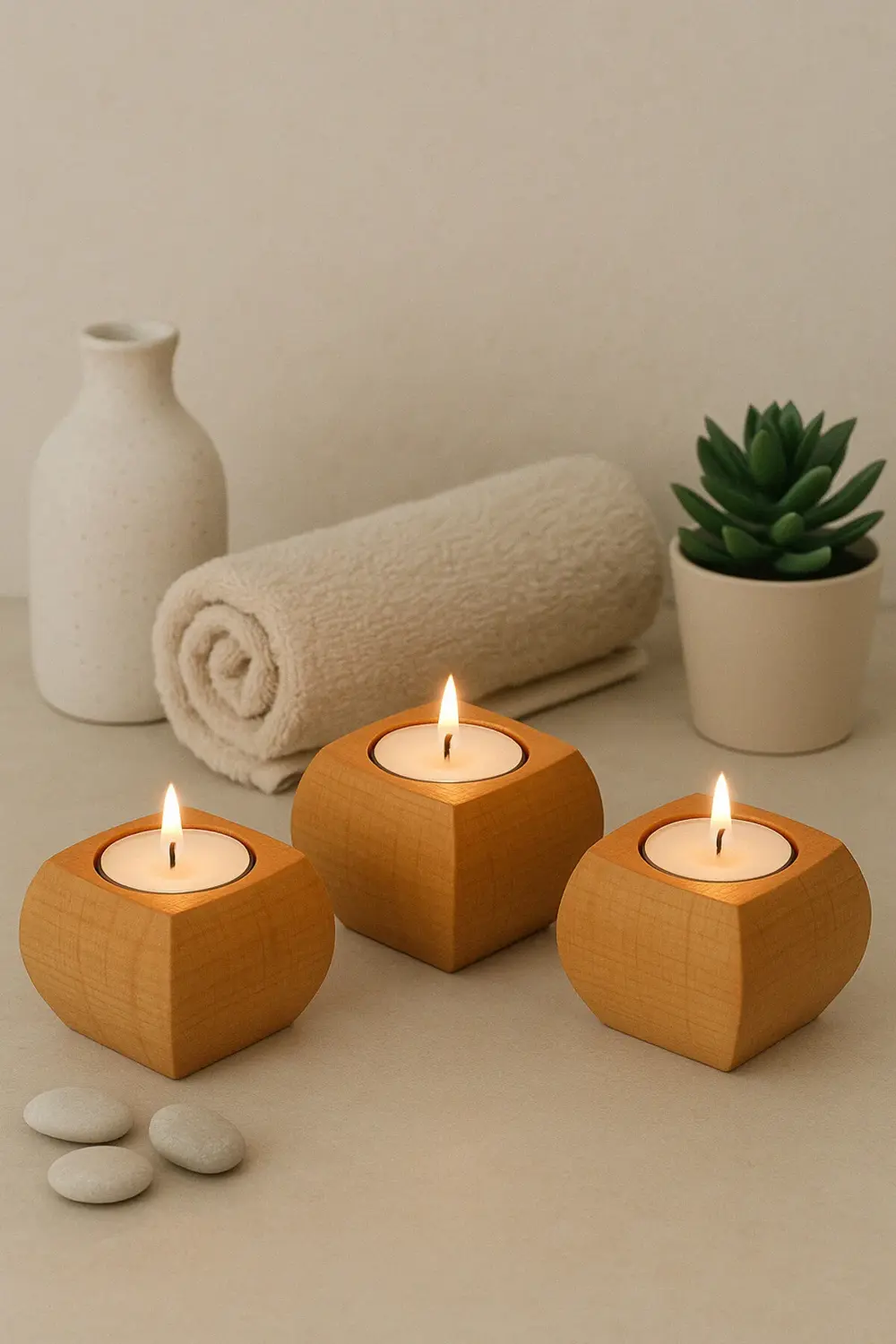 %100 Doğal Ahşap Mumluk | 3'lü Set | Dekoratif, Şık Ve Minimal Ta