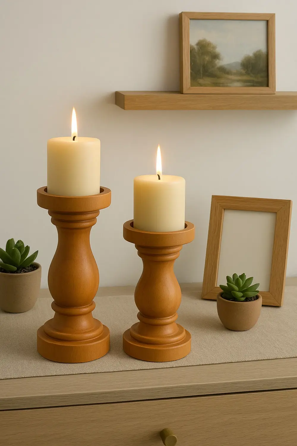 %100 Doğal Ahşap Şamdan Seti | Rustik Ceviz Renk | 2'li Set | Şık