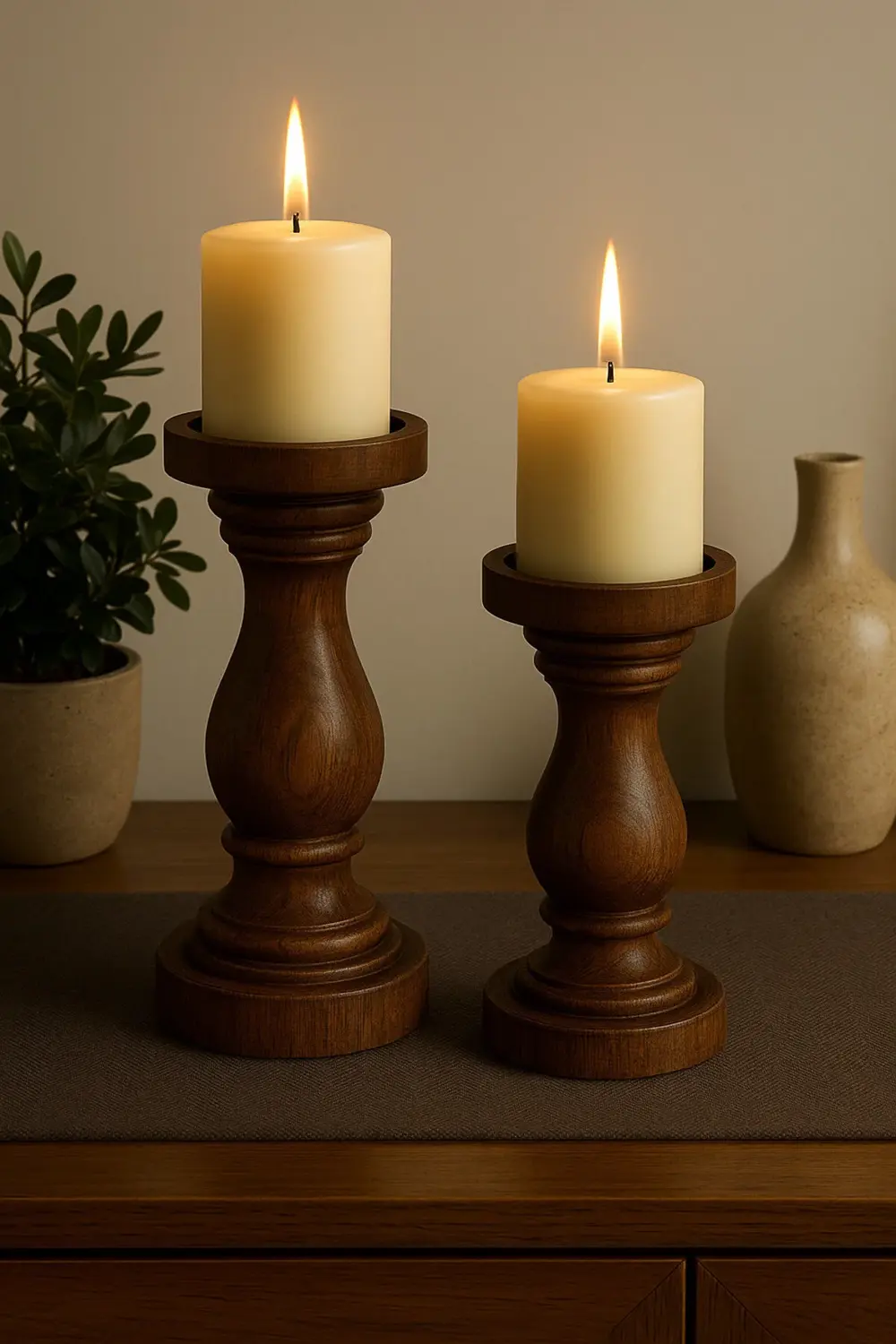 %100 Doğal Ahşap Şamdan Seti | Rustik Ceviz Renk | 2'li Set | Şık