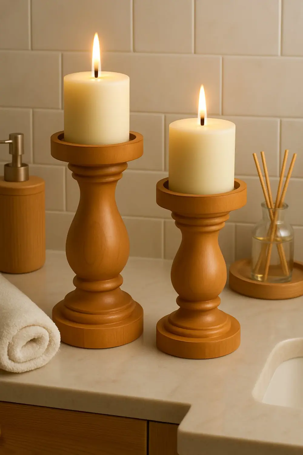 %100 Doğal Ahşap Şamdan Seti | Rustik Ceviz Renk | 2'li Set | Şık