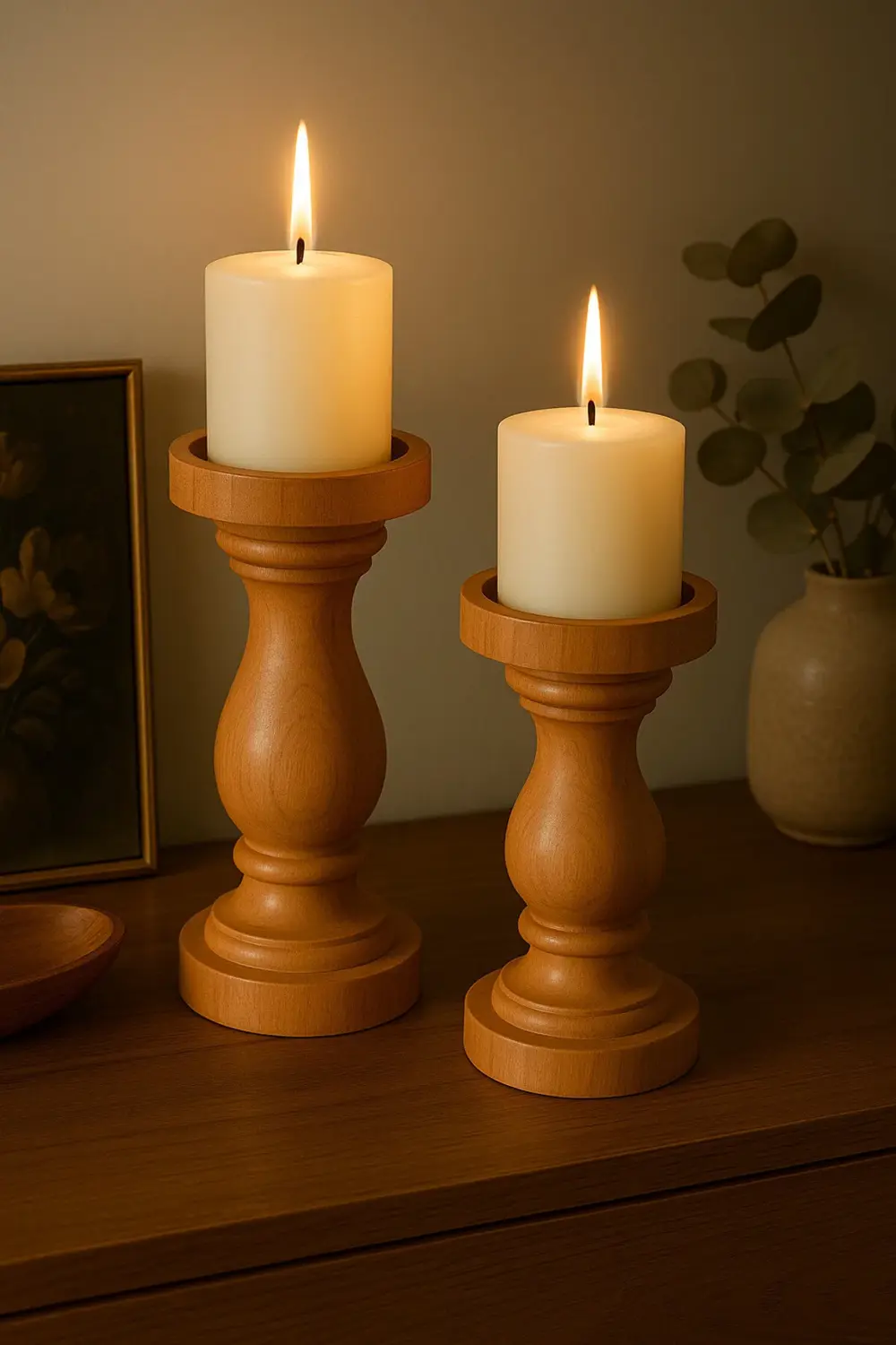 %100 Doğal Ahşap Şamdan Seti | Rustik Ceviz Renk | 2'li Set | Şık