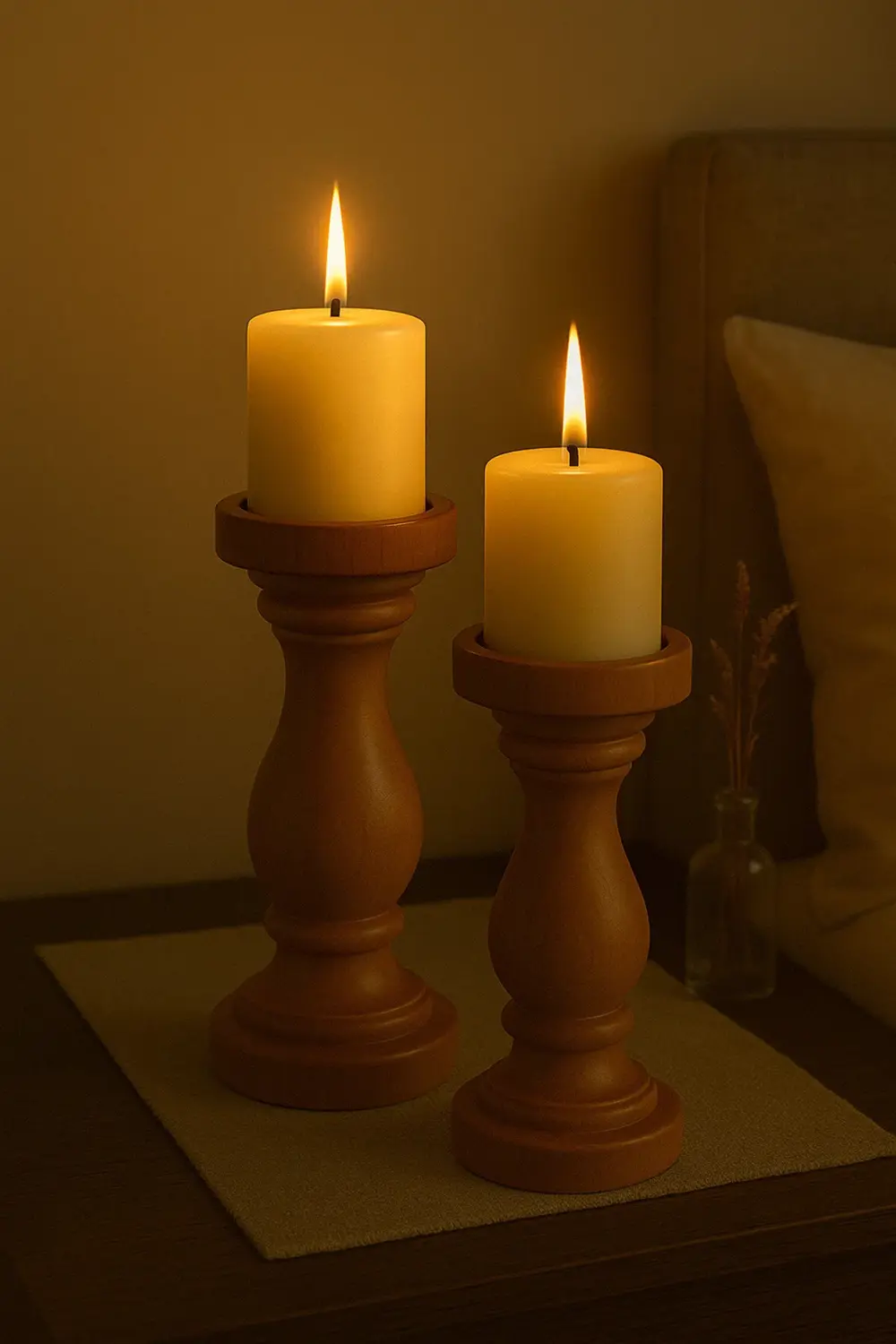 %100 Doğal Ahşap Şamdan Seti | Rustik Ceviz Renk | 2'li Set | Şık