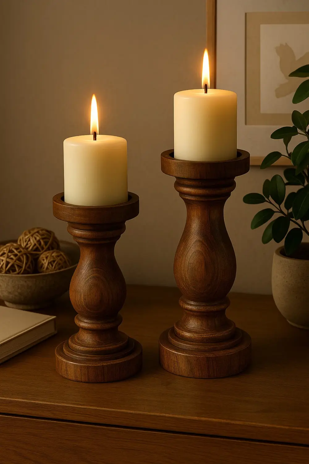 %100 Doğal Ahşap Şamdan Seti | Rustik Ceviz Renk | 2'li Set | Şık