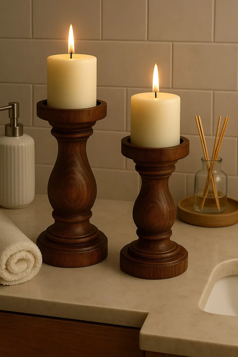 %100 Doğal Ahşap Şamdan Seti | Rustik Ceviz Renk | 2'li Set | Şık