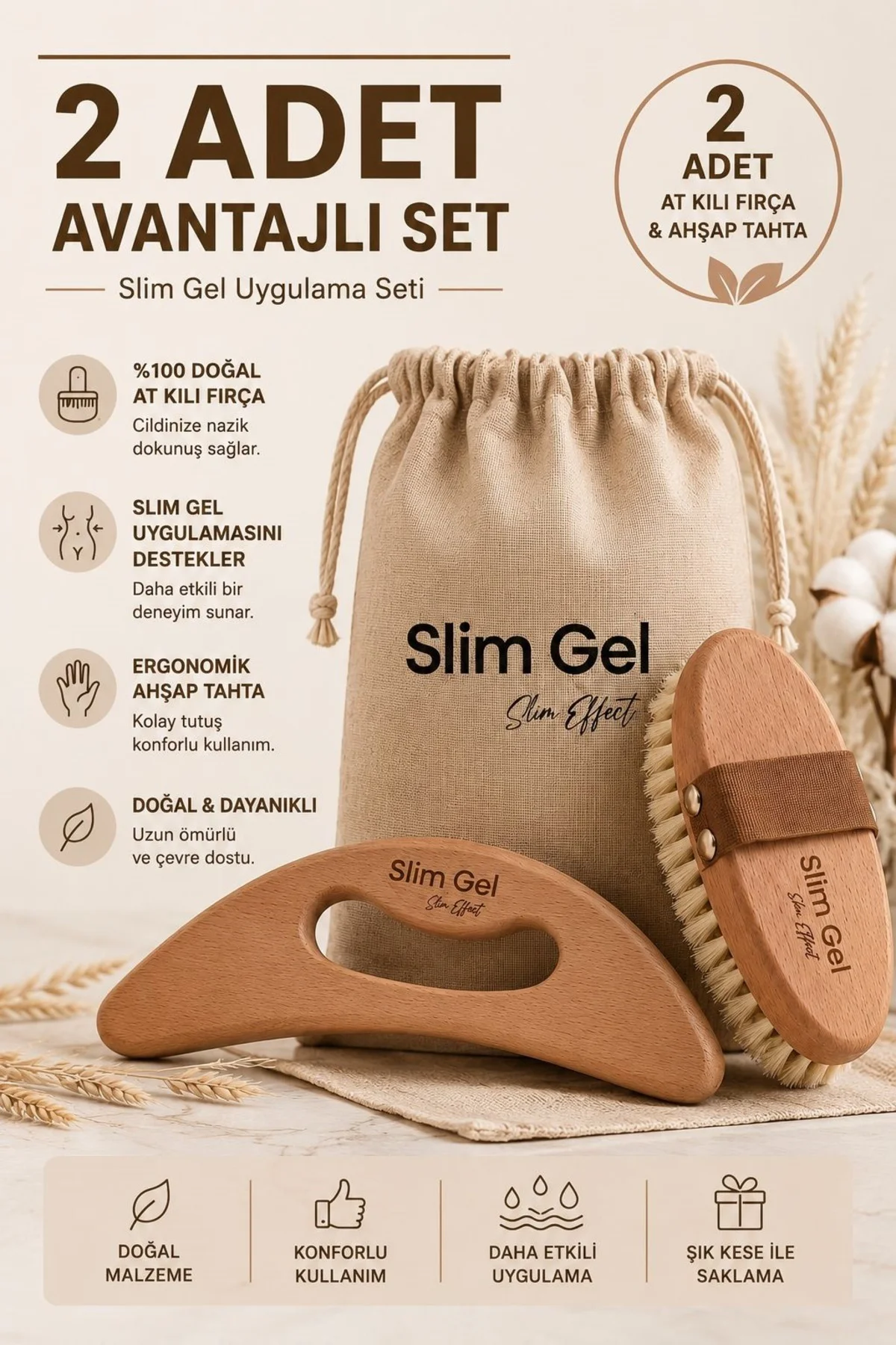 %100 Doğal At Kılı Fırçası (Kese Hediye ) ve Ahşap Selülit Masaj 