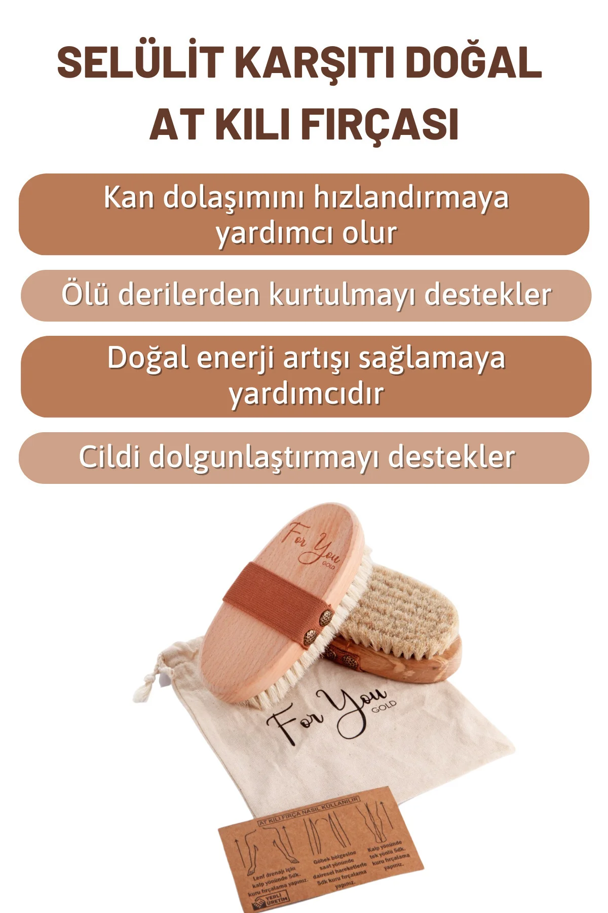 %100 Doğal At Kılı Fırçası (Kese Hediye ) ve Ahşap Selülit Masaj 