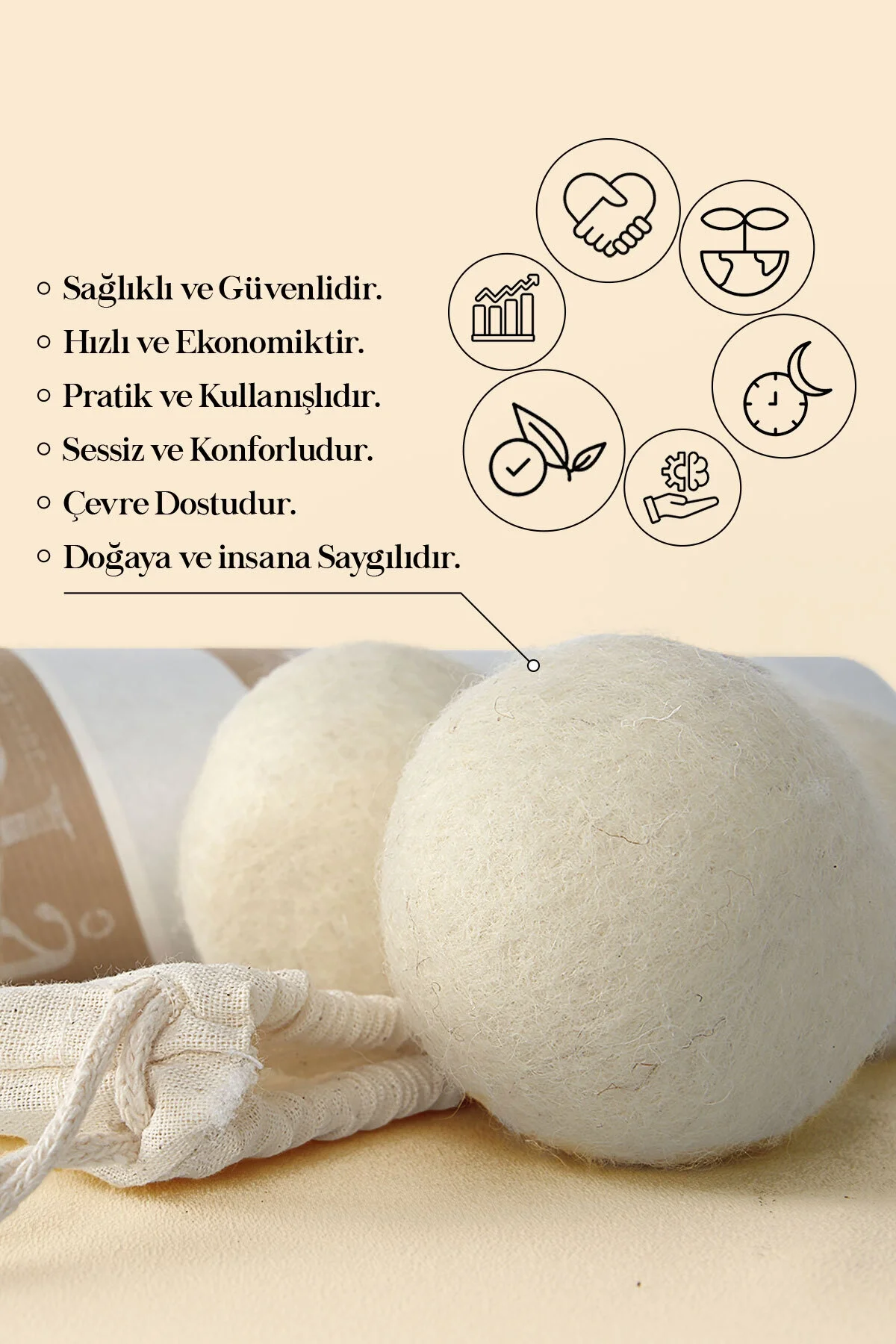 %100 Doğal Merinos Yünü Çamaşır Makinesi Yün Kurutma Topu