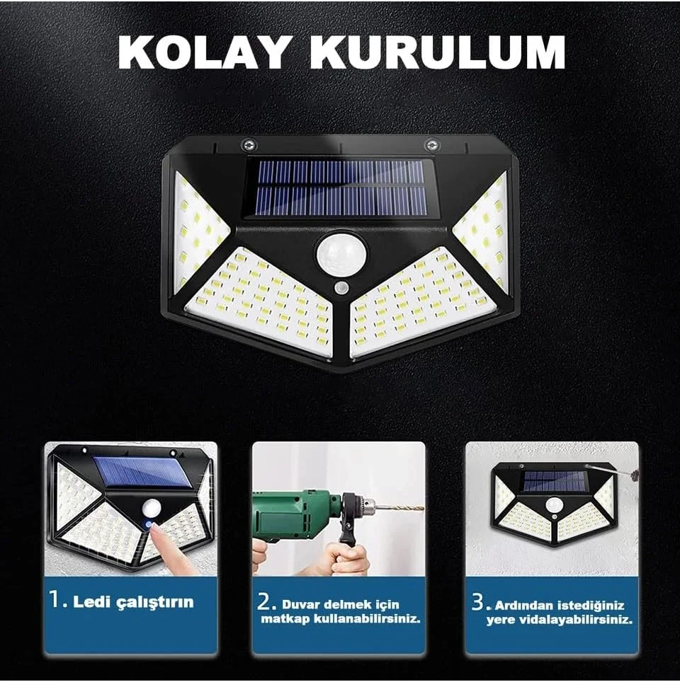 100 Led Dış Mekan Solar Aydınlatma Fotoselli Solar Lamba Hareket Sensörlü
