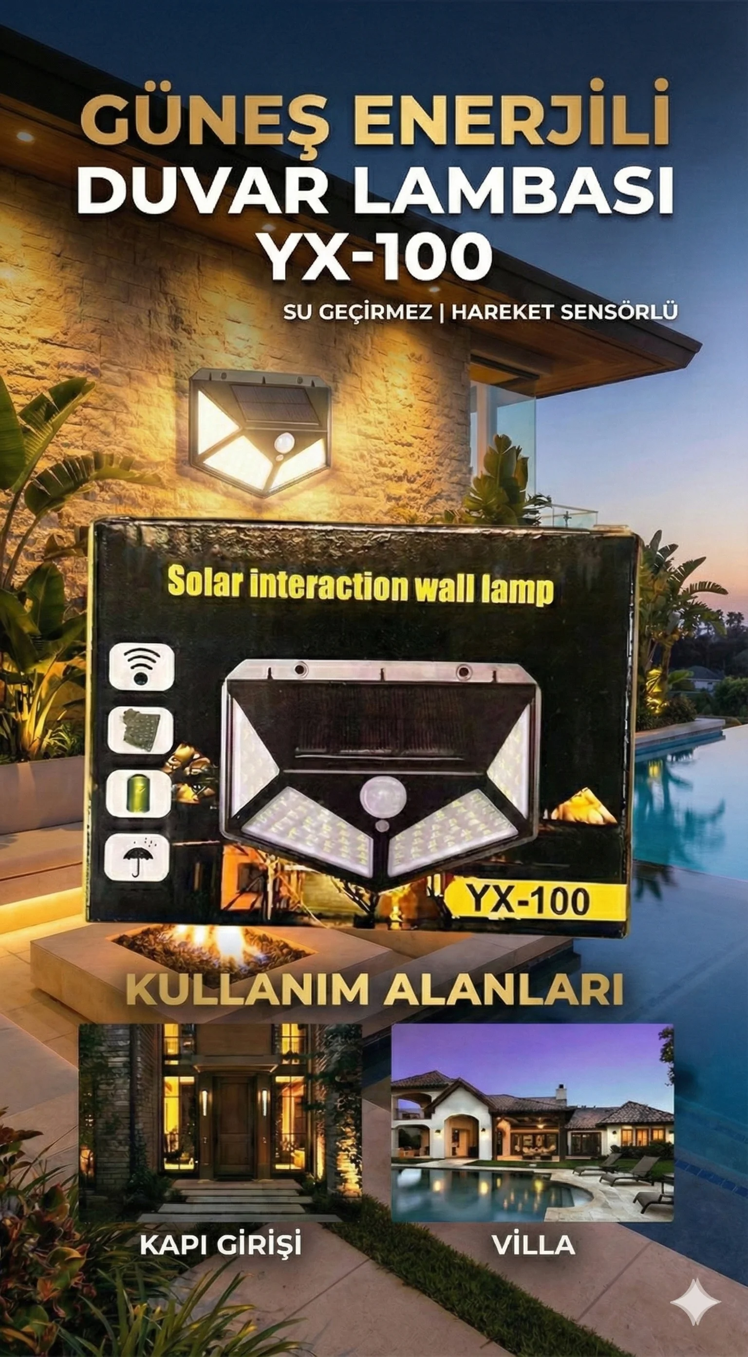 100 Led DIŞ Mekan Solar Aydınlatma Fotoselli Solar Lamba Hareket Sensörlü