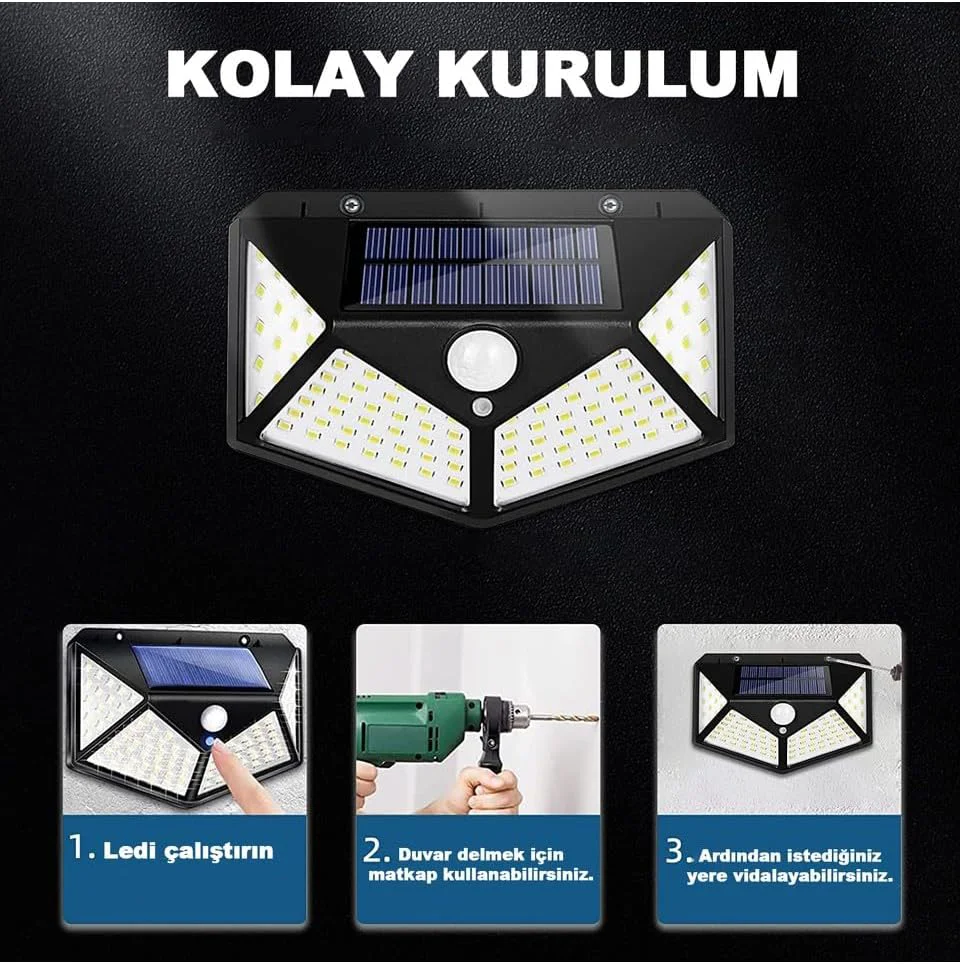 100 Led DIŞ Mekan Solar Aydınlatma Fotoselli Solar Lamba Hareket Sensörlü