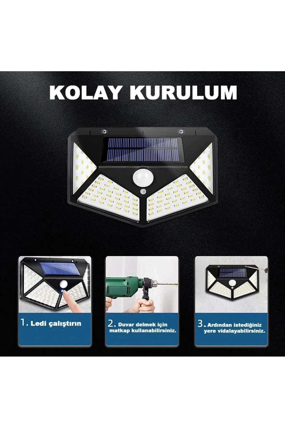 100 Led Dış Mekan Solar Aydınlatma Fotoselli Solar Lamba Hareket Sensörlü 100 Led Dış Mekan Solar Aydınlatma Fotoselli Solar Lamba Hareket Sensörlü - Görsel 4