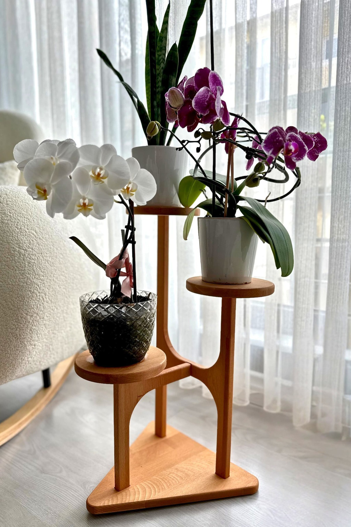 Mismuka %100 Masif Ahşap 3 Raflı Saksılık Çiçeklik | Doğal Kayın Ağacı |