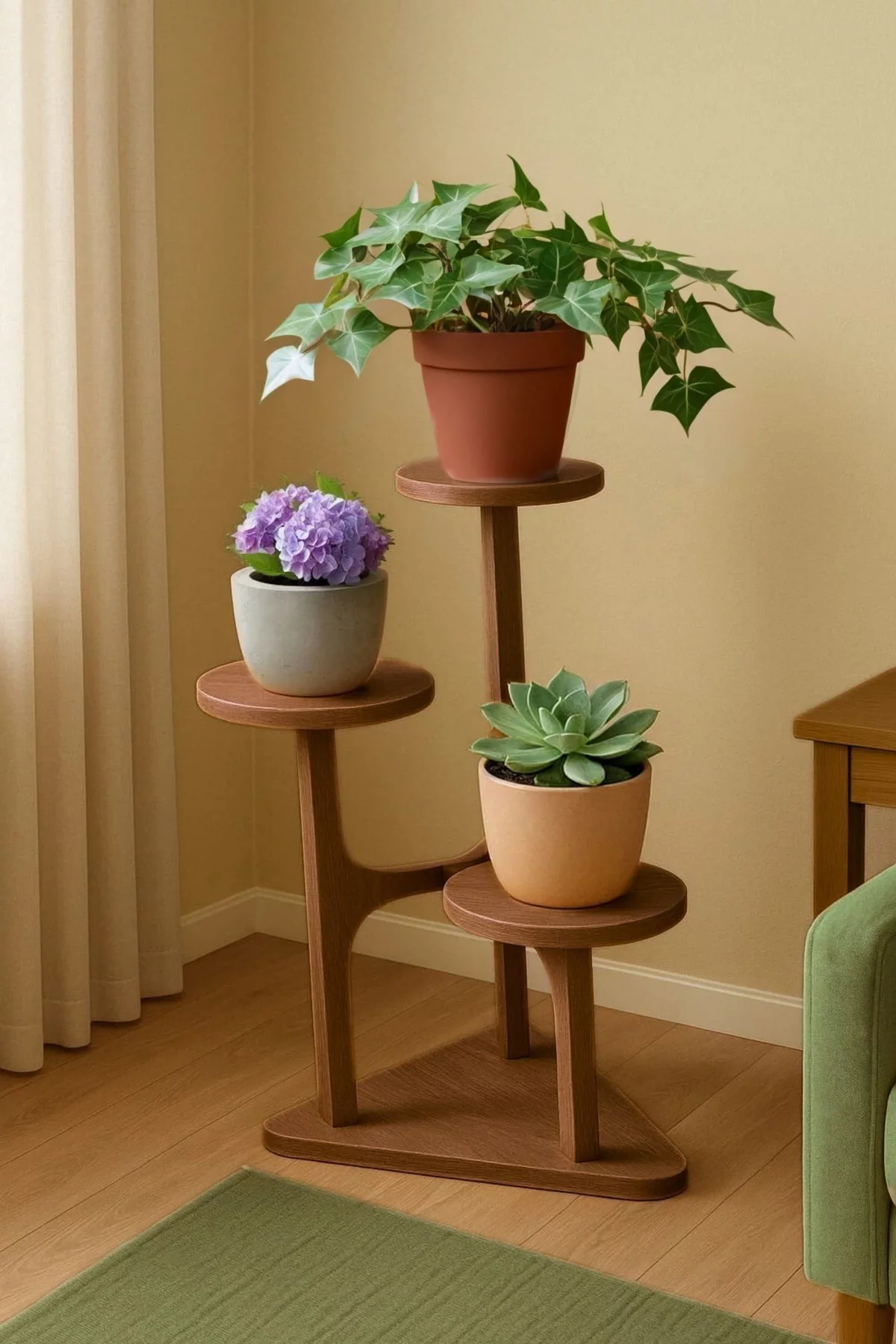 %100 Masif Ahşap 3 Raflı Saksılık Çiçeklik | Doğal Kayın Ağacı | 