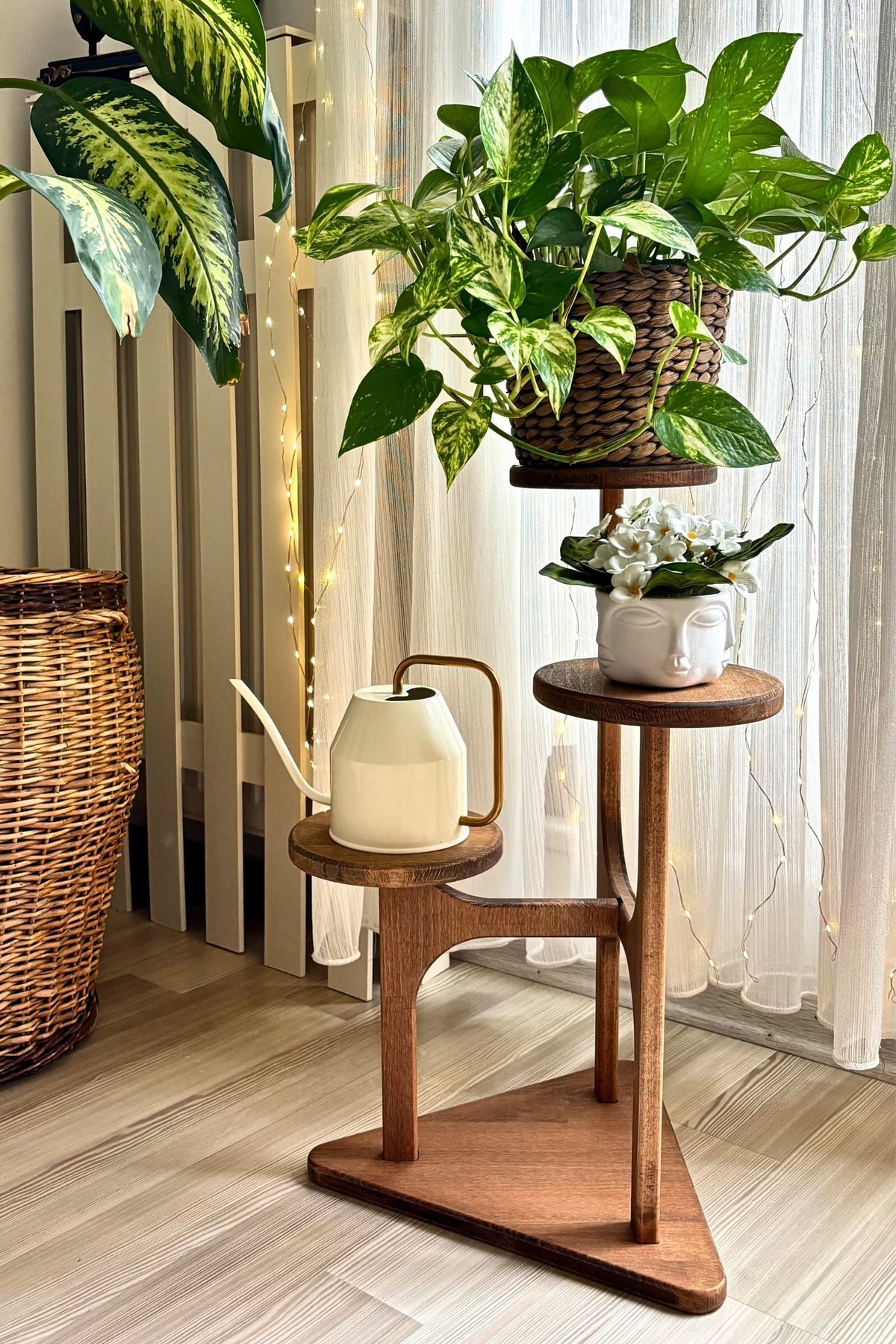 Mismuka %100 Masif Ahşap 3 Raflı Saksılık Çiçeklik | Doğal Kayın Ağacı |