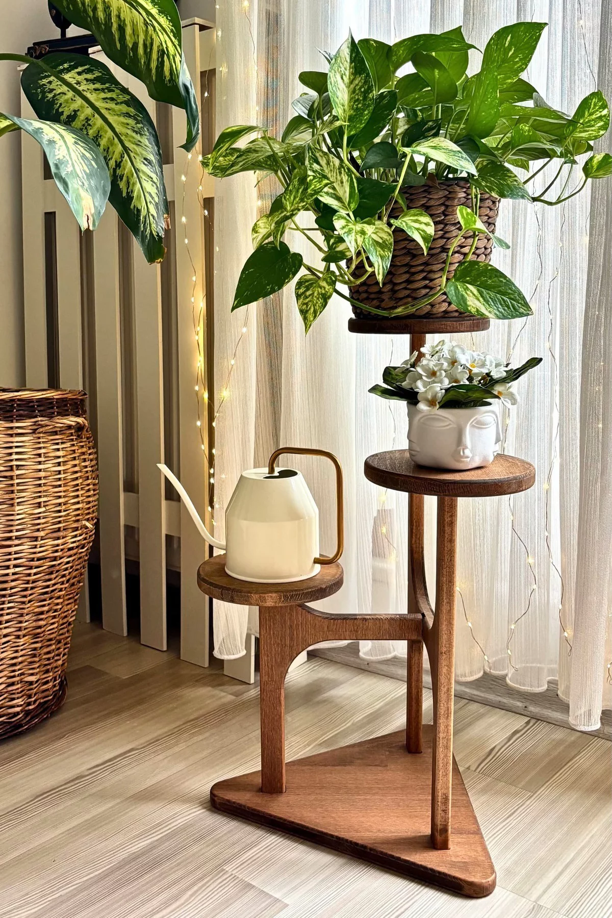 %100 Masif Ahşap 3 Raflı Saksılık Çiçeklik | Doğal Kayın Ağacı | 