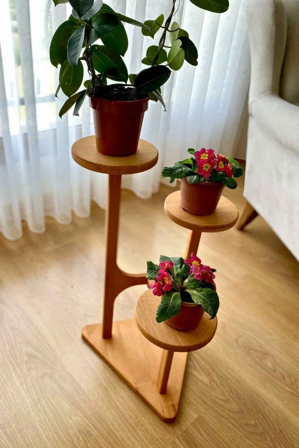 %100 Masif Ahşap 3 Raflı Saksılık Çiçeklik | Doğal Kayın Ağacı |