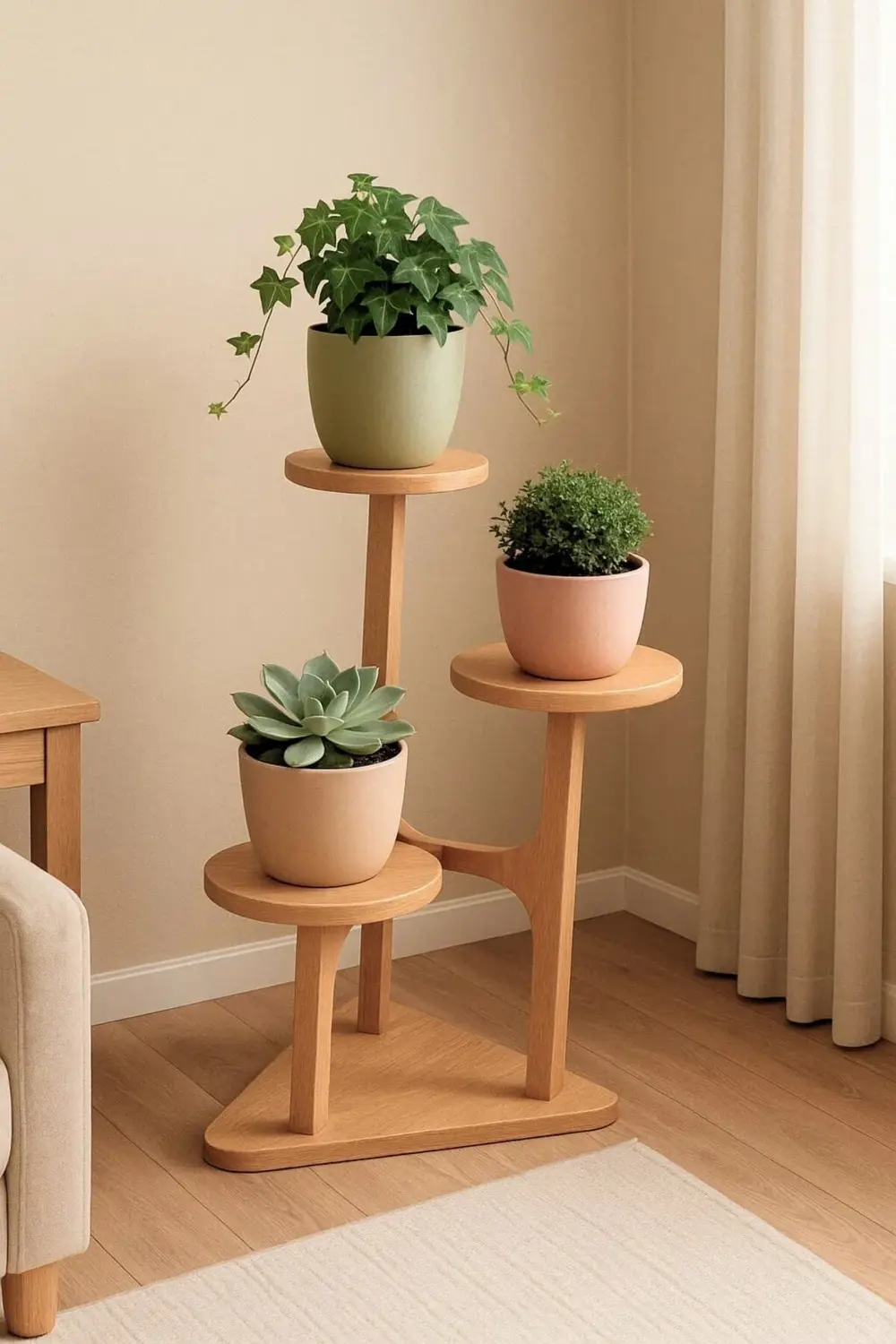 %100 Masif Ahşap 3 Raflı Saksılık Çiçeklik | Doğal Kayın Ağacı |